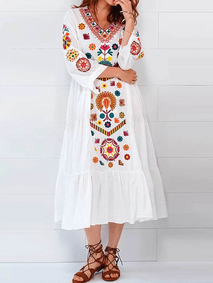 Ethnic Women V-Neck Long Sleeve Floral Print Holiday Bohemian Pleated Maxi Dress