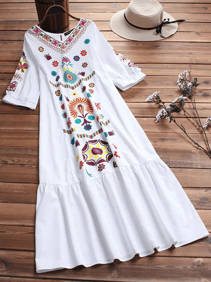 Ethnic Women V-Neck Long Sleeve Floral Print Holiday Bohemian Pleated Maxi Dress