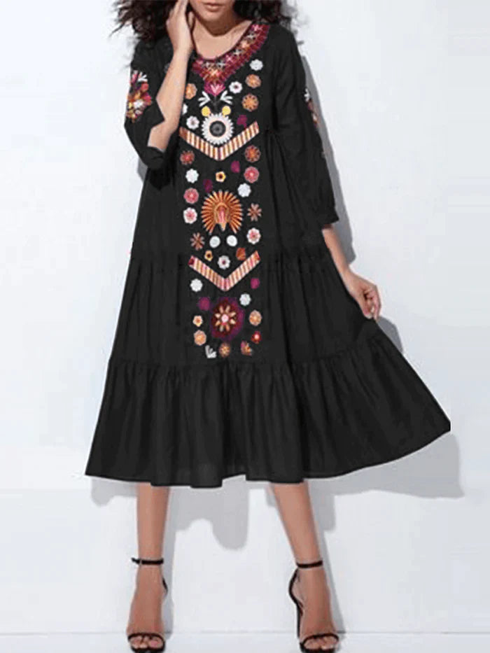 Ethnic Women V-Neck Long Sleeve Floral Print Holiday Bohemian Pleated Maxi Dress