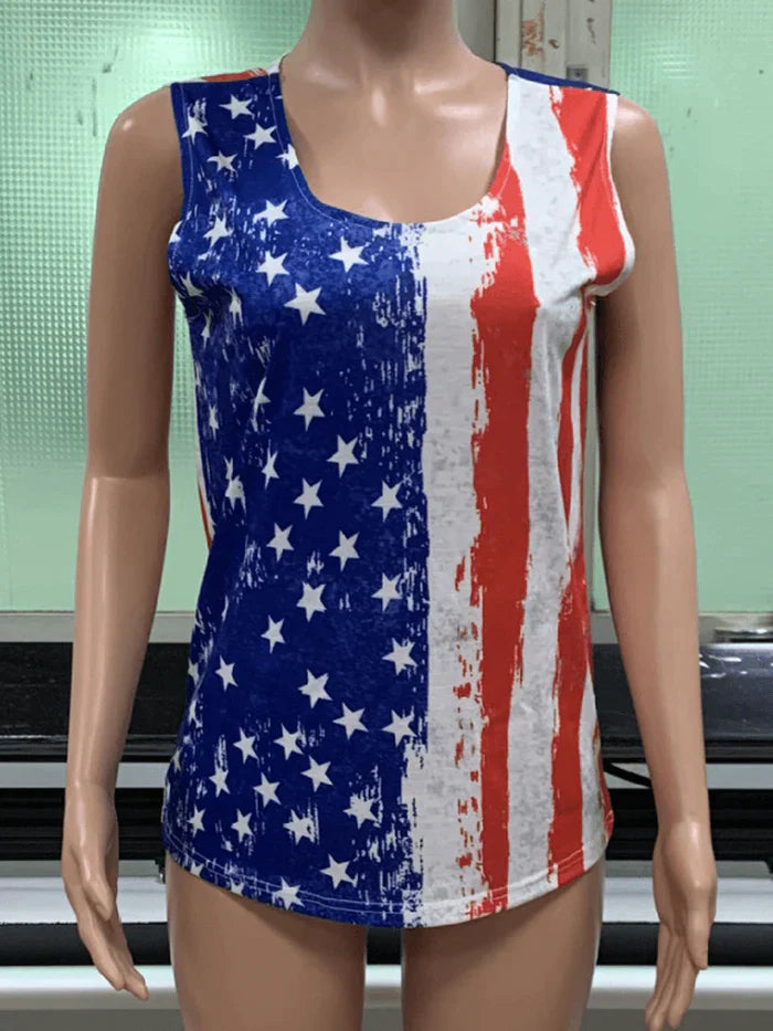 America Flag Print O-Neck Sleeveless Casual Tank Tops